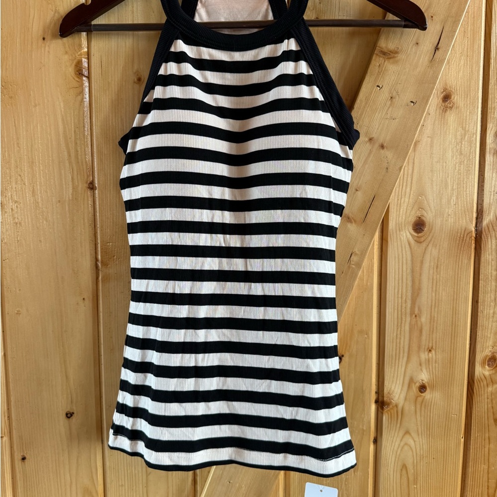 Striped Black and White Women's Halter Top w/ built in padded shelf bra, small